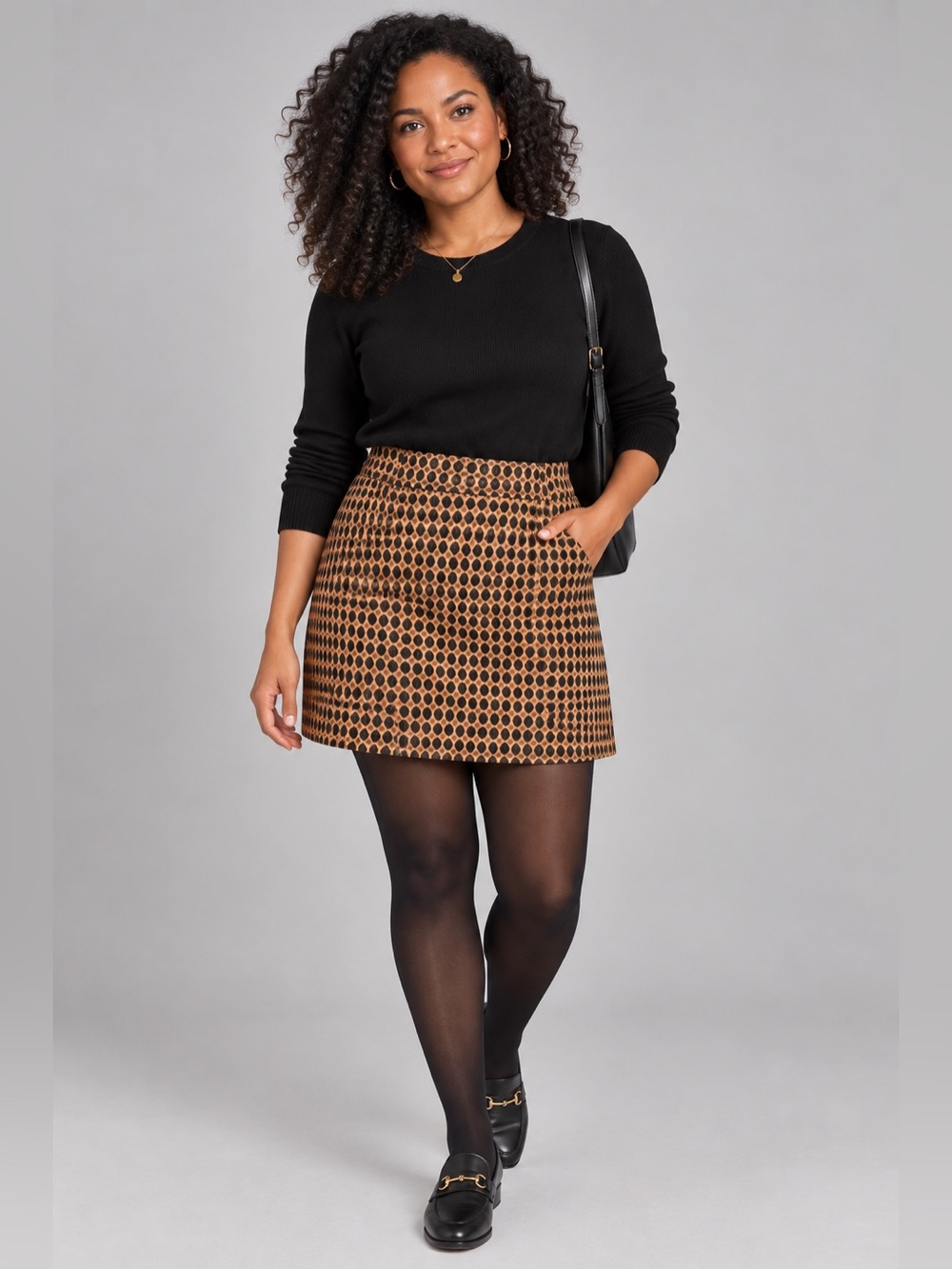 LOFT Size 6 Tan Black Geometric Dot Textured Mini Skirt